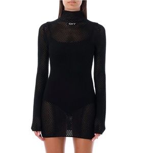 Off-White Mock Neck Mesh Long-Sleeved Knitted Dress